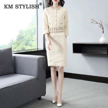 

New Women Dress Plaid Beading Slim Dress O-neck Elegant OL A-Line Plus Size Dress