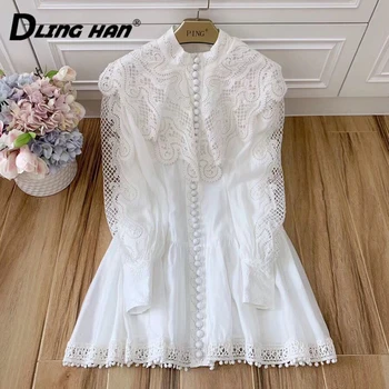 

LINGHAN Fashion Embroidery White Mini Dress Elegant Ruffles Lantern Sleeve Sexy Hollow Out Party Dresses Designer New