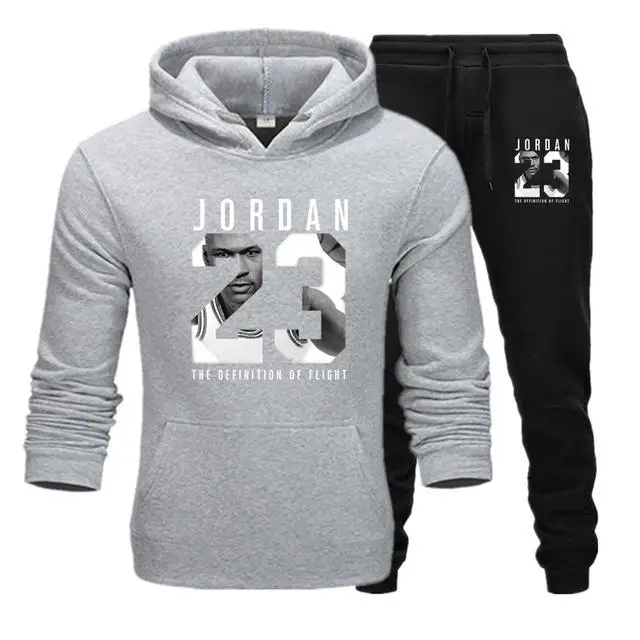 Новинка, модный брендовый спортивный костюм JORDAN 23, мужская спортивная одежда, комплект из двух предметов, хлопок, флис, Толстая Толстовка с капюшоном+ штаны, спортивный мужской костюм 3XL - Цвет: Light grayblack12223