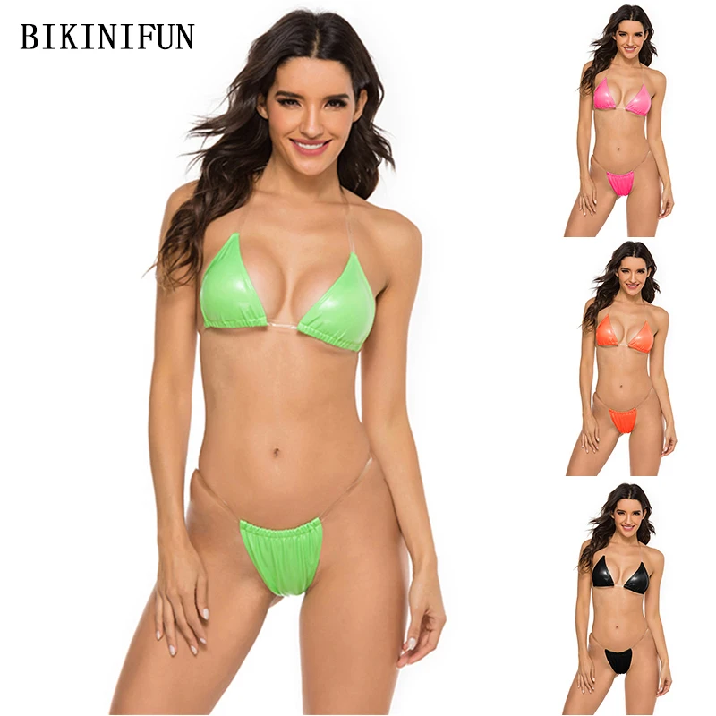 

2020 New Sexy Faux Leather Bikini Women Triangle Bralette Swimsuit Transparent Strap Swimwear S-L Girl Backless Thong Bikini Set