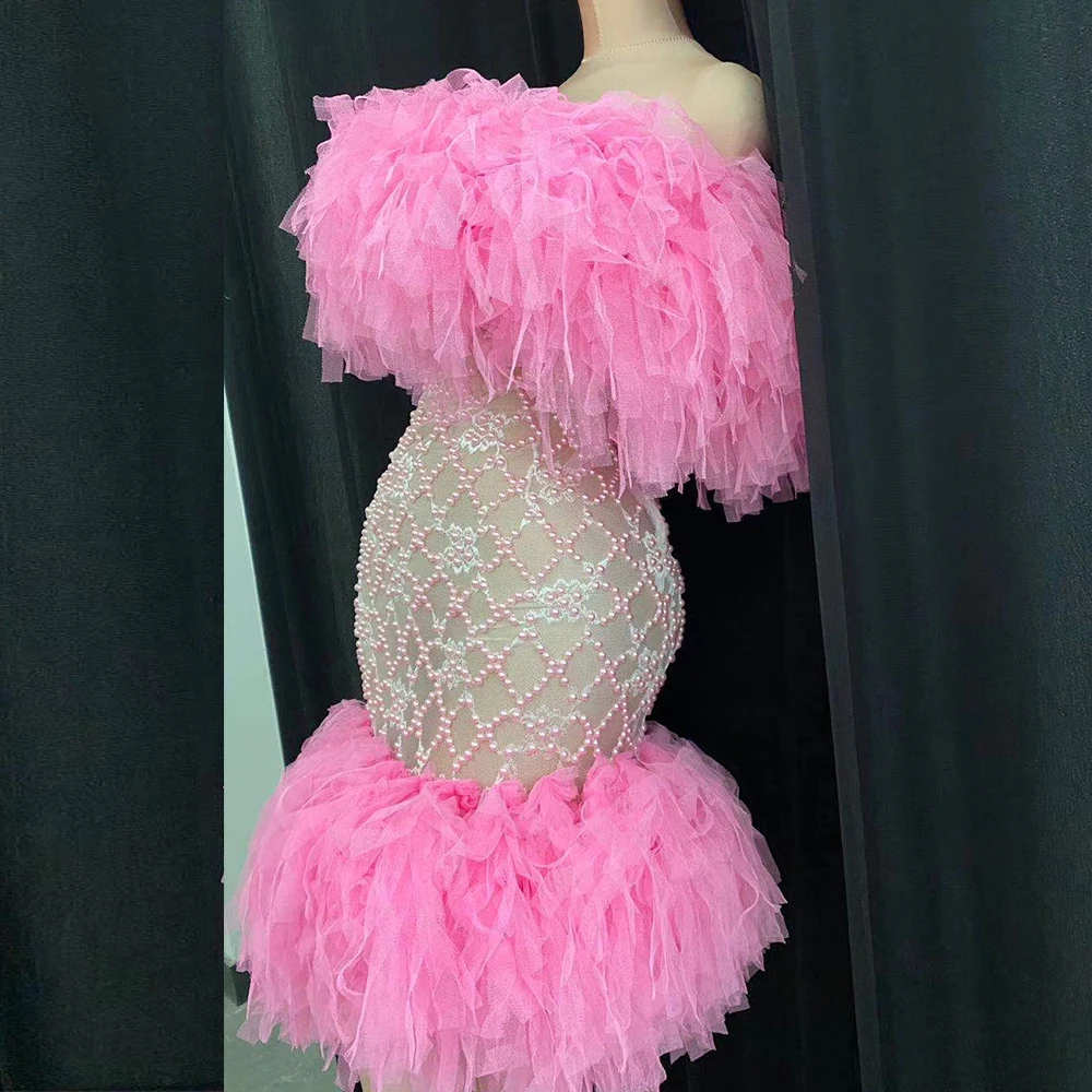 

Fashion Pink Mesh Strapless Bodycon Dress Women Birthday Prom Pearl patchwork Perspective party dresses women evening night club