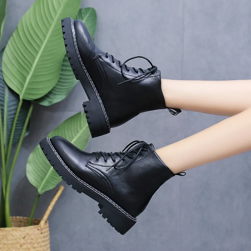 Новинка года; Черный армейские ботинки; женские кожаные ботинки на платформе; сапоги панк до лодыжек; женская обувь; повседневная обувь на молнии со шнуровкой; Dr Botas Mujer