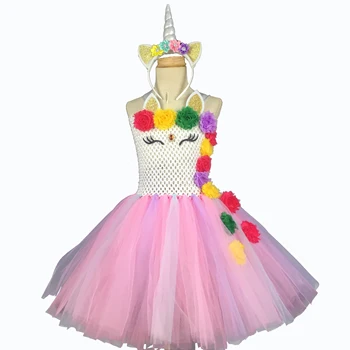 

Cute Girls Unicorn Tutu Dress Baby Crochet Dress with Rainbow Flowers and Hairbow Kids Birthday Party Dresses Cosplay Costumes