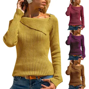

Chic Women Turn-down Collar Solid Color Long Sleeve Slim Knitted Sweater Top