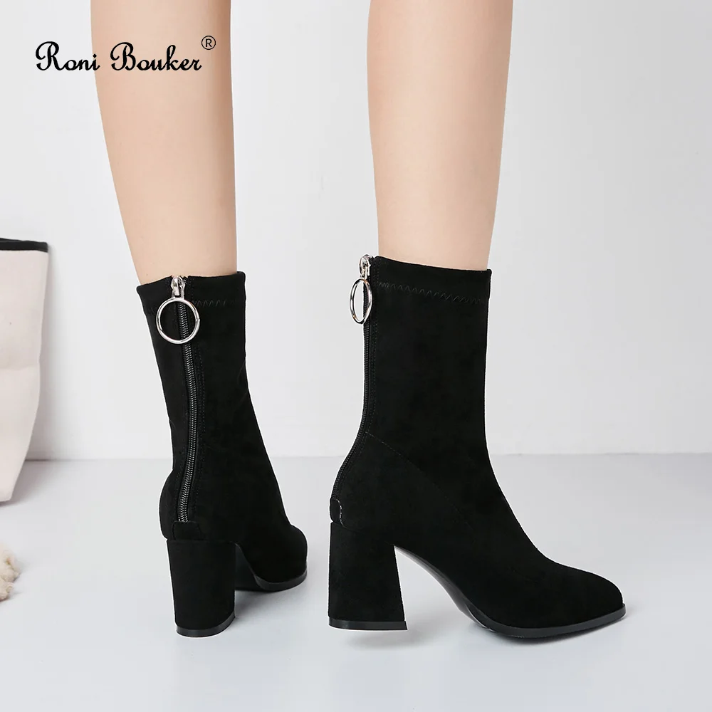 

Roni Bouker Flock Ankle Boots Women Roman High Heels Square Heel Zip Booties Fashion Pointed Design Lady Party Shoes Woman Black