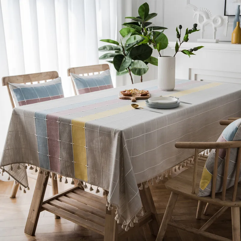 

Nordic style waterproof Plaid striped tablecloth runner's artificial cotton linen tassel tablecloth geometric rectangle table
