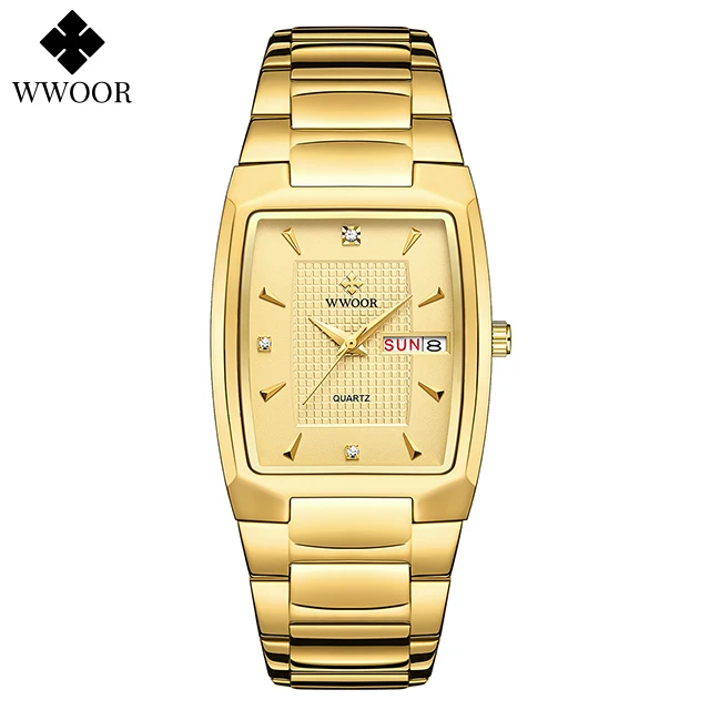 WWOOR Orologio Quadrato Uomo Acciaio Oro - Cronografo Quarz Giapponese Con Data E Cinturino A Maglia - 5