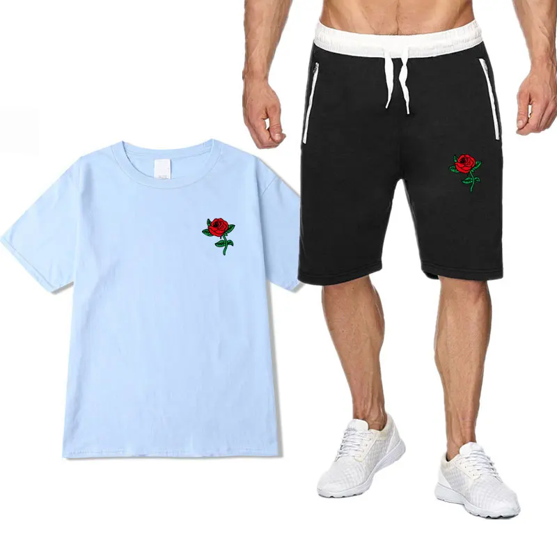 

Cotton Summer TShirt Personalized Rose Print tracksuit men Two Piece Set short Sleeve short Tops And middle Waist Shorts