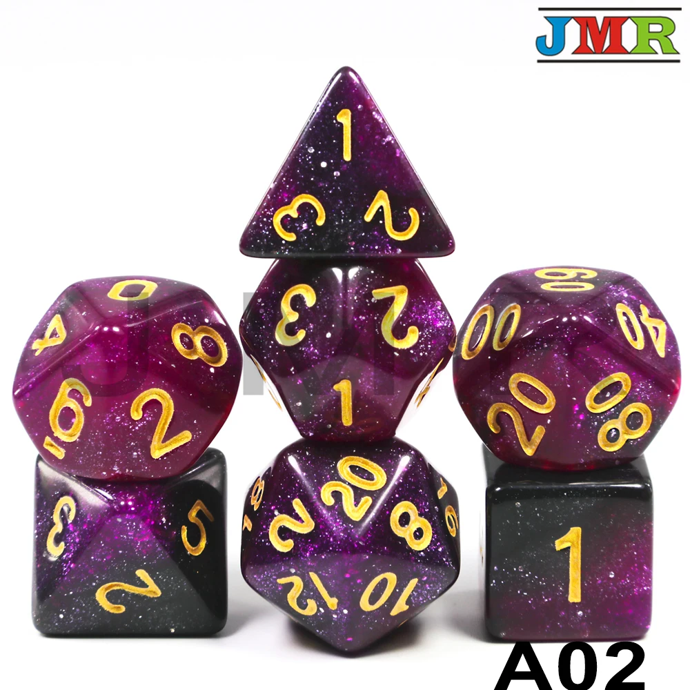 A02 Новое поступление, 6 цветов, креативная Вселенная, Галактика, игральные кости, набор из D4-D20, с таинственным королевским блестящим порошком, потрясающий эффект для DND RPG - Цвет: A02