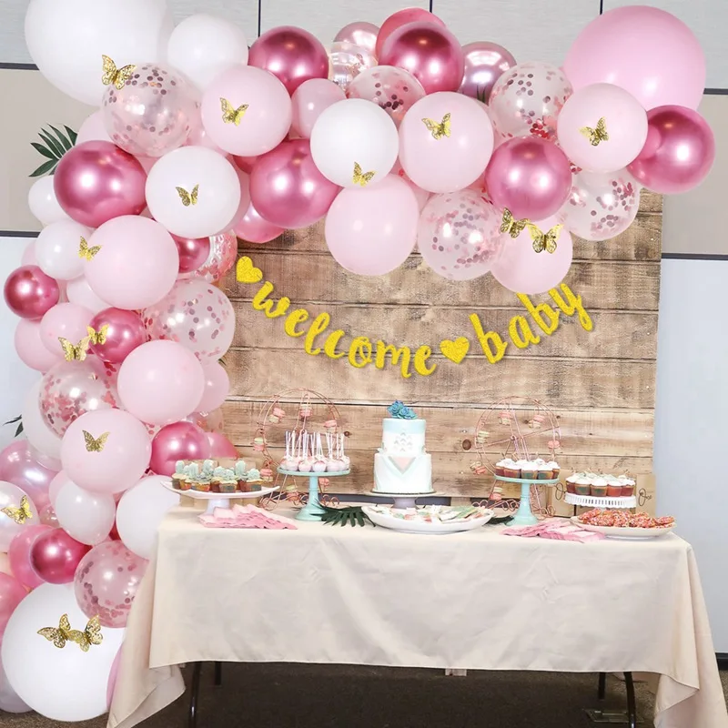 

136pcs Pink Confetti Balloon Garland Happy Birthday Balloons Welcome BABY Decoration for Baby Shower Girl Wedding Party Decor