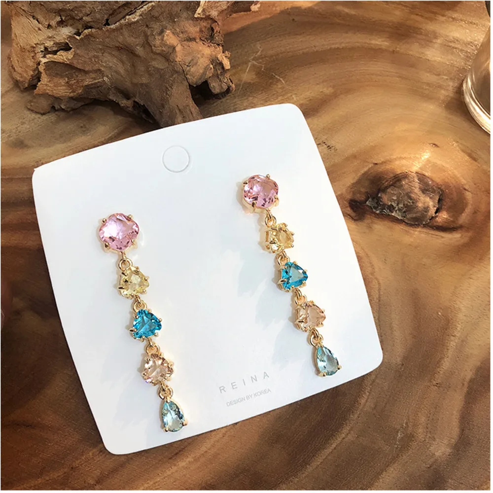 

2019 Korean New Purple Crystal Water Drop Dangle Earrings Women Fashion Shining Color Flower Long Pendientes