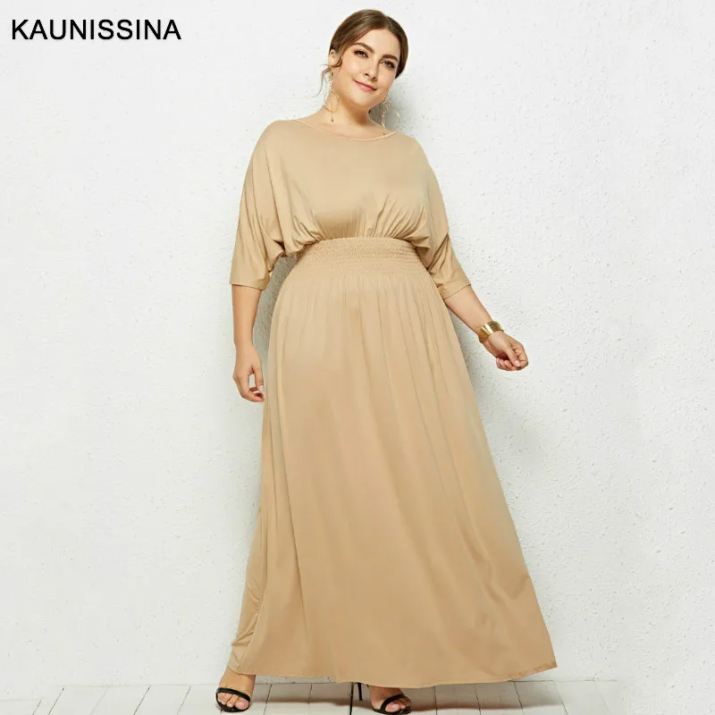 Khaki Коктейльные платья KAUNISSINA размера плюс с o-образным вырезом и холодным рукавом летучая мышь, однотонные прямые длинные вечерние платья с высокой талией, платье для выпускного вечера - Цвет: Khaki