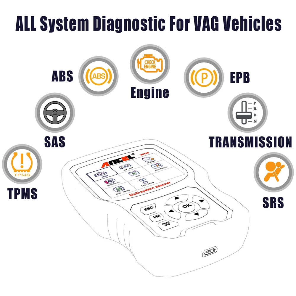 Ancel VD700 OBD 2 Автомобильные диагностические инструменты полная система EPB масло ABS DPF инжектор TPMS Сброс OBD2 Автомобильный сканер для Audi Skoda диагностика авто сканер для диагностики авто