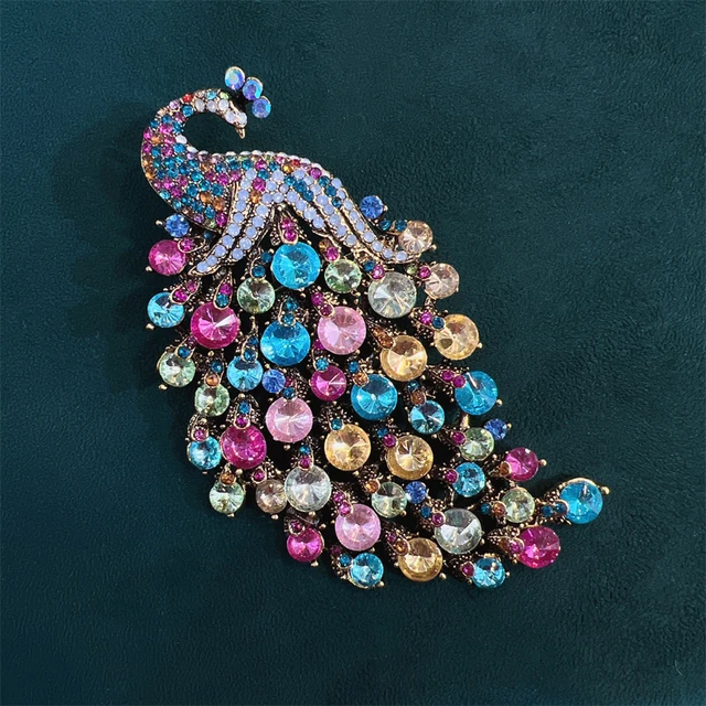 Colorful Rhinestone Peacock Tassel Brooch Pins for Women Fashion