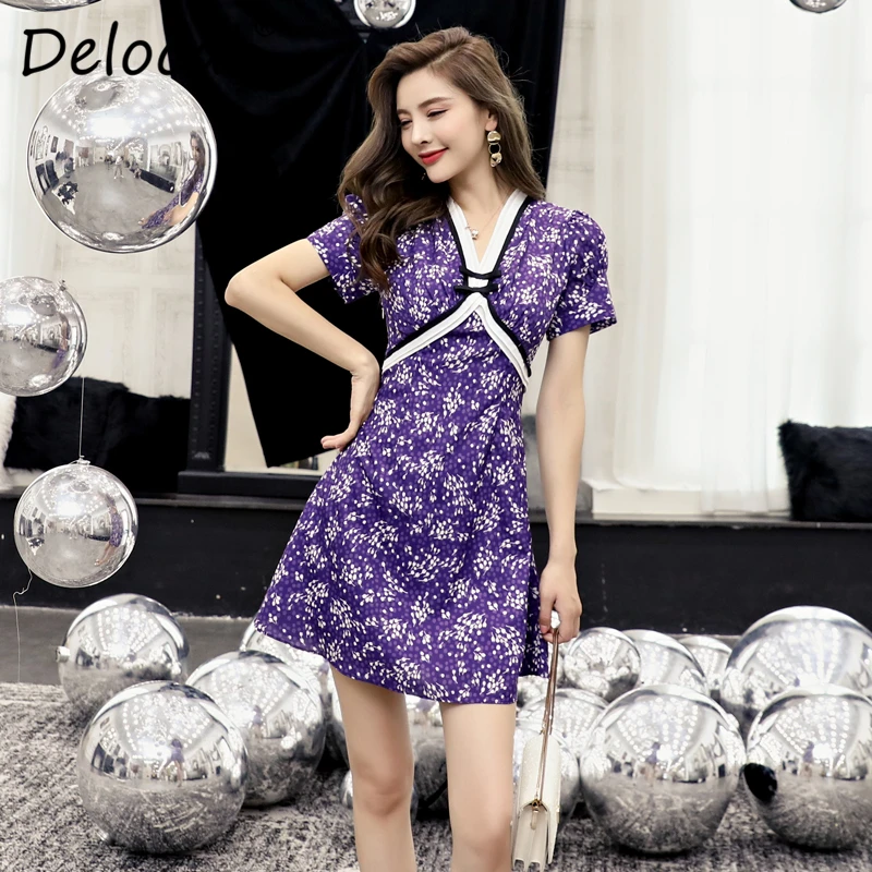

Delocah Runway Fashion Summer Dress Women's Sexy V-Neck Floral Printed Collect Waist Elegant Vintage Ladies A-Line Mini Dresses