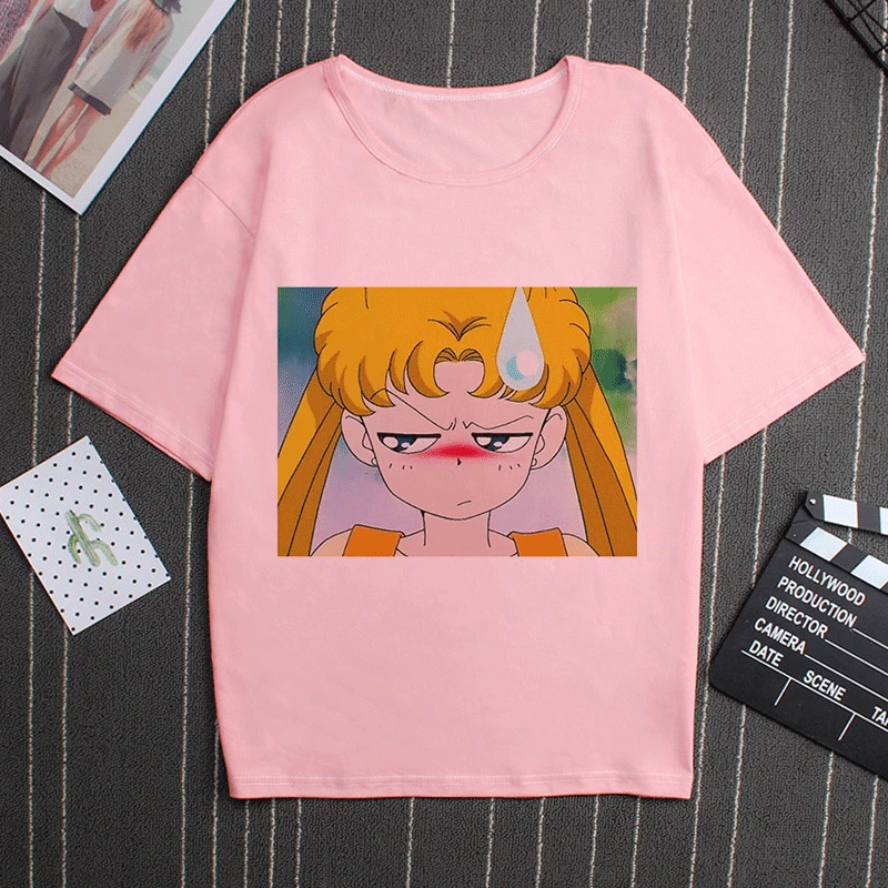 Sailor Moon 90s Funny Pink T Shirt Harajuku Clothes Tshirt Aesthetic Cat Anime Vogue T-shirt Kawaii Graphic Tees Ullzang Women - Цвет: 2866