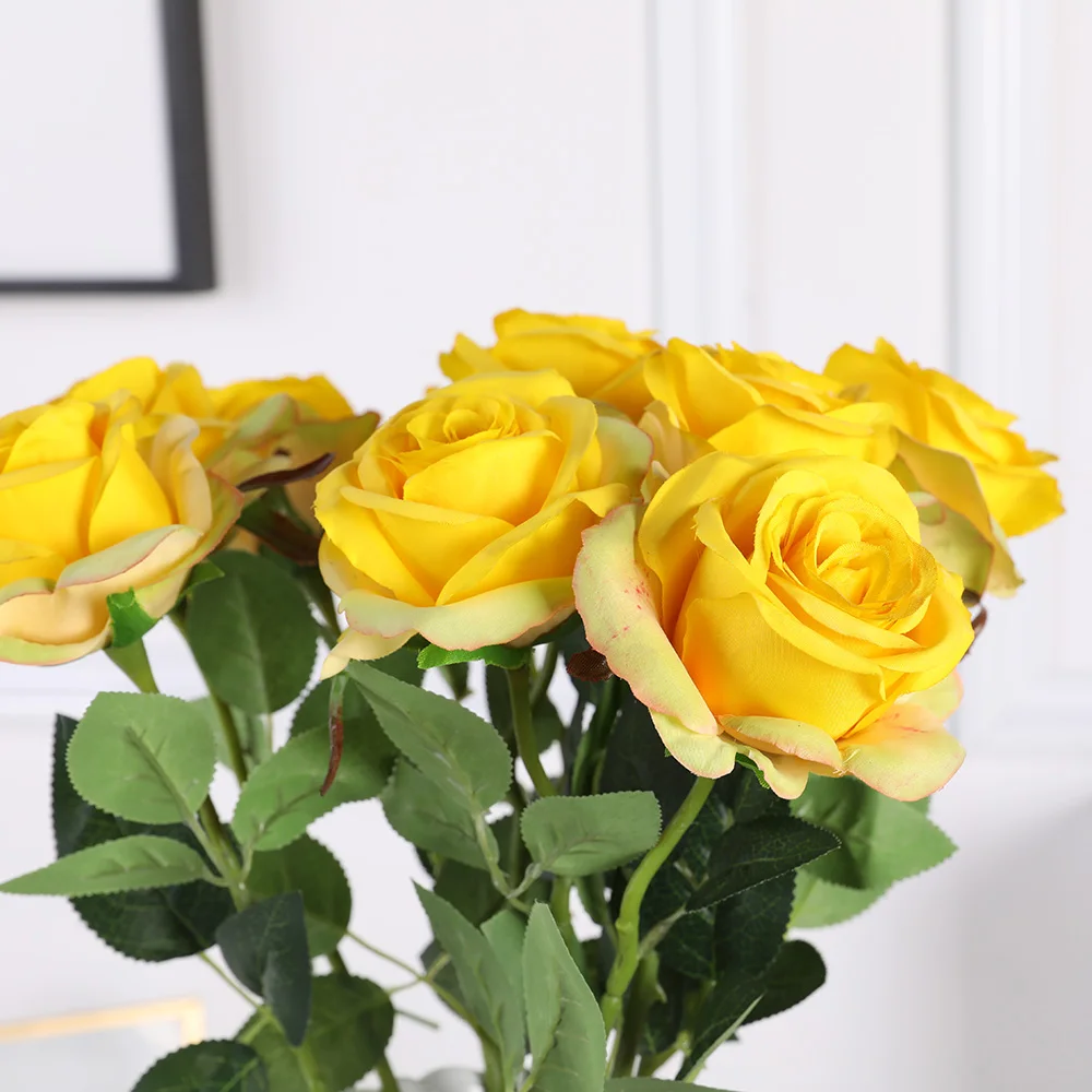 Erxiaobao 10 шт./лот, искусственные цветы с градиентом розы, синий, красный, желтый, искусственный шелк, свадебные цветы, Осенние украшения для дома