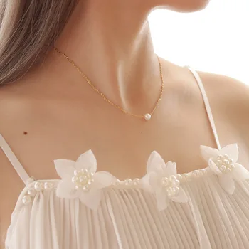 

Normcore Style Pearl Clavicle Necklace Single Pearl Necklace Titanium Steel Material Plated Real Gold 18K Hypoallergenic Does No