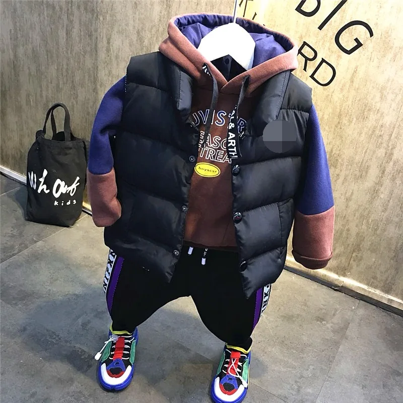 Детский комплект одежды для мальчиков, костюм спортивные костюмы детская одежда для младенцев, комплект жилет+ плюшевая толстовка с капюшоном+ Плюшевые брюки детская одежда
