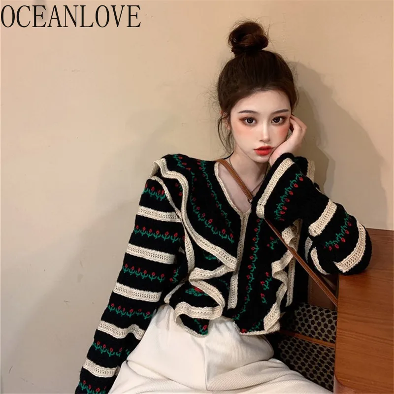 OCEANLOVE Ruffles Cardigans Sweet V Neck Vintage Print Sweet Korean ...