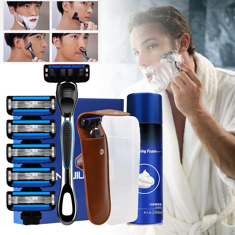 Wholesale Men Manual Razor 5 layer Shaver Safe Face Care Beard Shaving Tool Kit with Beard Foam