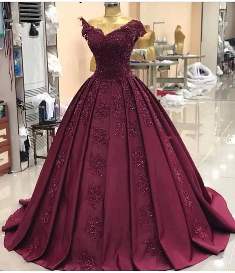 

Robe de soiree 2020 Sexy Cap Sleeves Lace Evening Dress For Party Gown Burgundy Long Prom Dress gala jurk