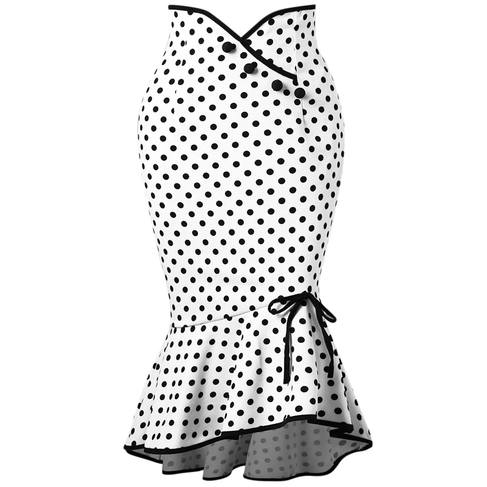 

Polka Dot with Buttons Fishtail Skirt Fresh and Sweet Knee Length Slim 2019 Autumn New Arrival M-XXL Black White Bow Ruffles