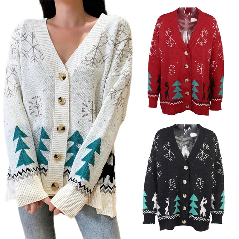 

Fashion Women Christmas Clothes, Cartoon Elk Snowflake Print V-Neck Long-Sleeves Woven Cardigan with Button Opening for Ladies