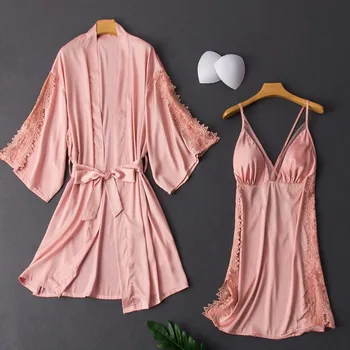 

Women Nightgown Sexy Bathrobe Solid Three Quarter Cardigan with Belt Sleepwear Home Clothes Autumn Robe Sets Pajama Dress