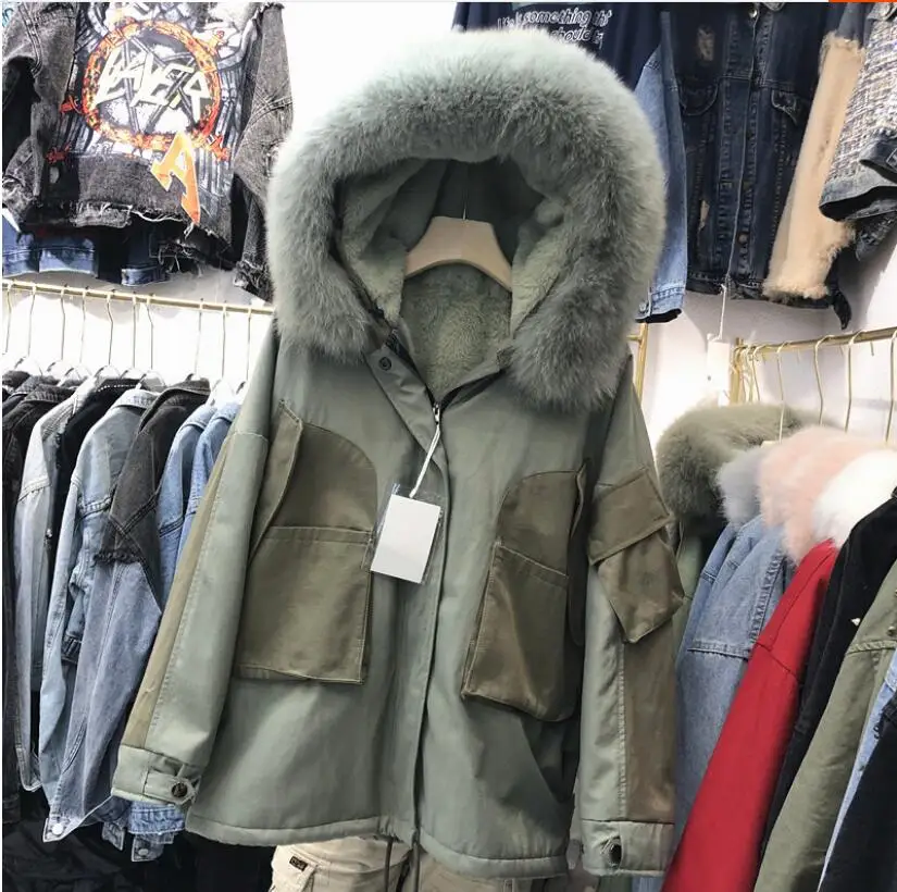 Женское пальто с хлопковой подкладкой, новинка зимы, Корейская теплая куртка с подкладкой из овечьего меха, Женская куртка с меховым воротником, парка с капюшоном, свободные пальто