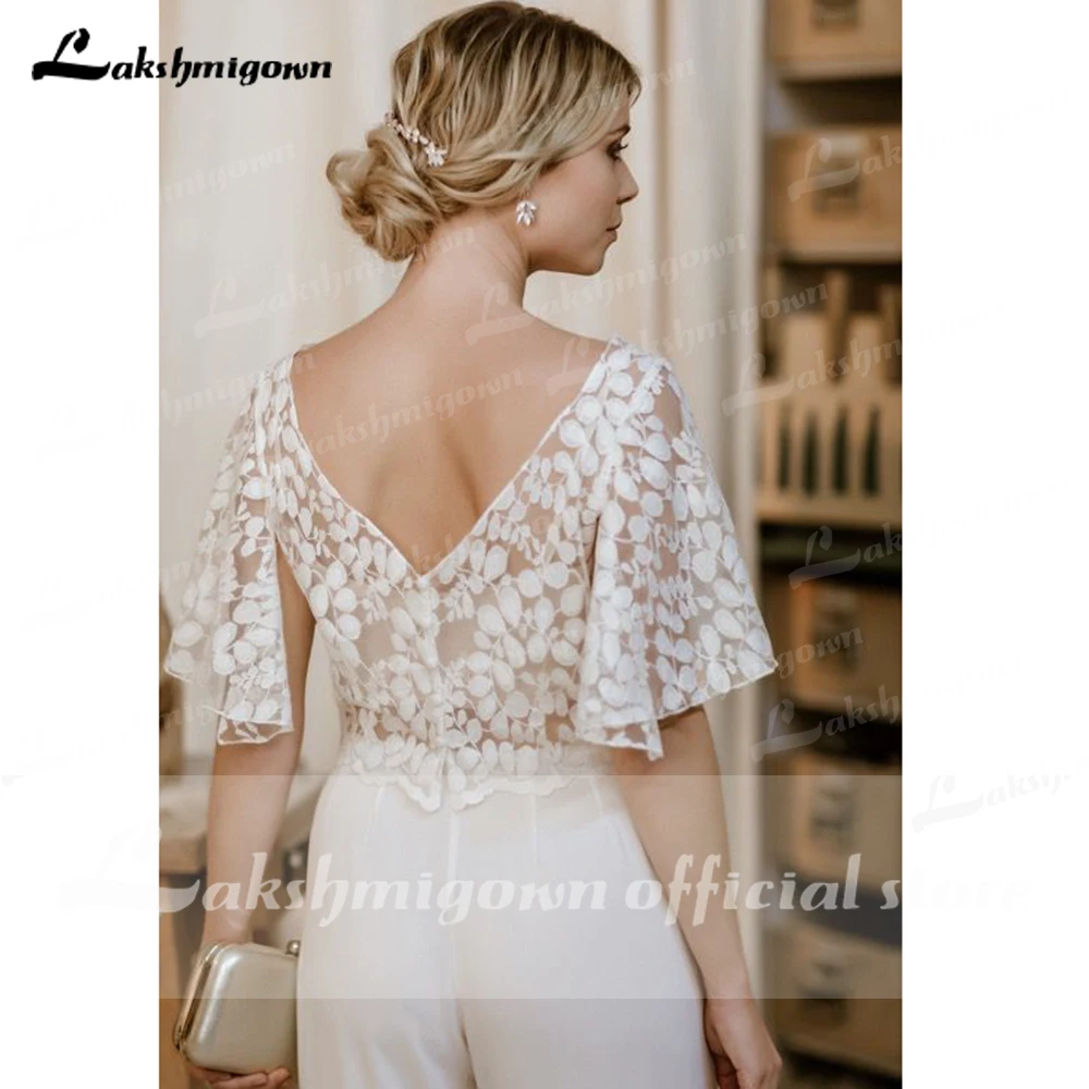 Sexy Two Pieces Pant Suit Wedding Dresses 2025 Lace Summer Jumpsuit Outfit Formal Bridal Party Gowns Open Back Customized 3