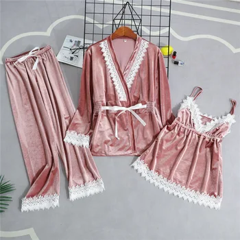 

Thicken Velvet V-neck Sleepwear 3PCS Pajamas Sleep Set Women Top&pants Casual Lounge Softy Home Clothing Autumn New Nightwear