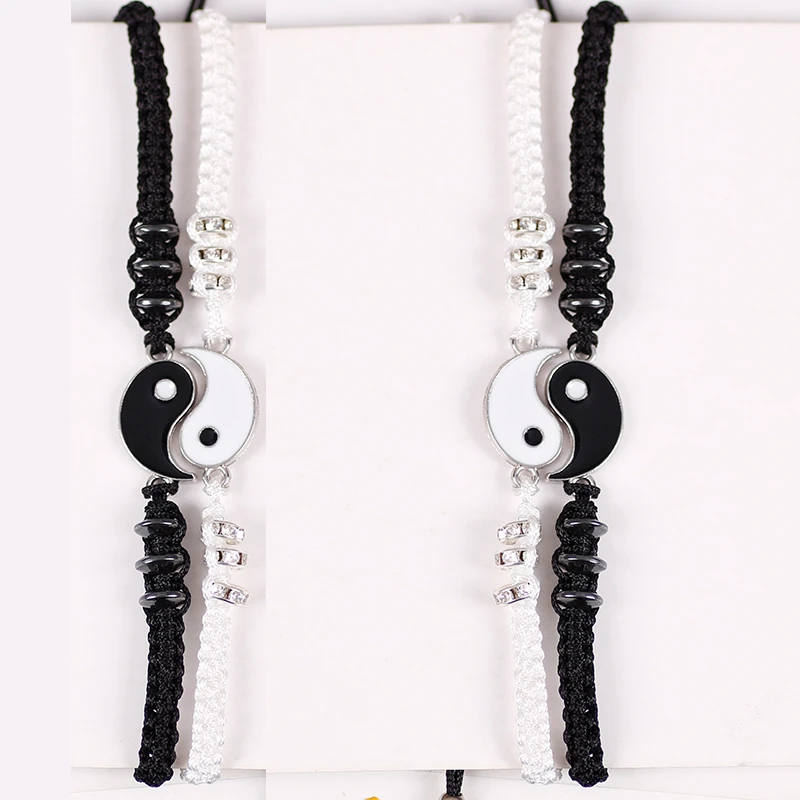 Conjunto de 2 piezas de pulsera blanca y negra para hombre y mujer, pulsera trenzada de aleación de Tai Chi de estilo chino Retro, joyería para parejas