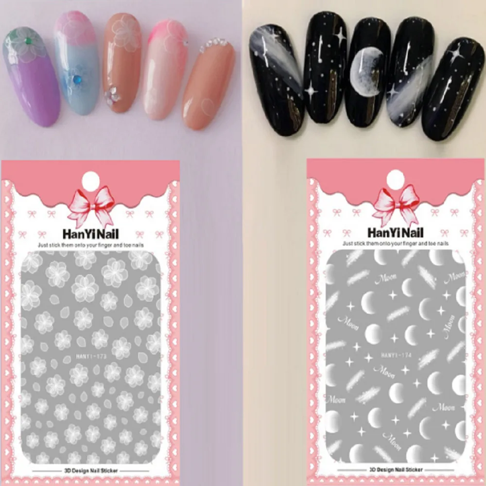 

New Design 1 Sheet 3D Embossed Nail Sticker Moon Star Flower Adhesive DIY Manicure Slider Nail Art Tips Decorations Decals