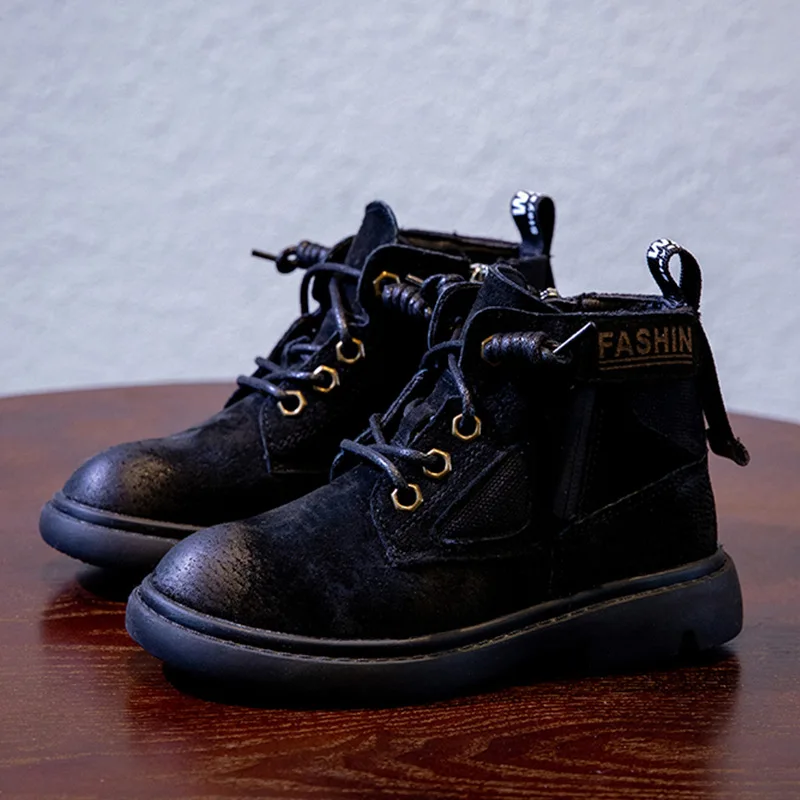 Genuine Leather Children's Martin Boots Winter Children's Shoes Boys Girls British Snow Boots Big Kids Warm Cotton Boots