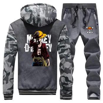 

The Pirate King Luffy Mens Sports Set 2020 One Piece Brand Clothing Thick Warm Tracksuit Streetwear Motorcycle Zip Hoodies Pants