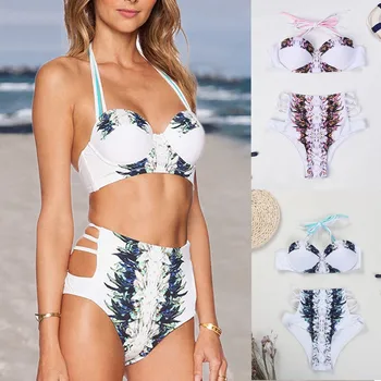 

#Z45 Halter Bikini Set Women Bandeau Padded Push Up Bikini Leaf Print Swimsuit Beachwear Swimwear Women Swimming Suit For Women