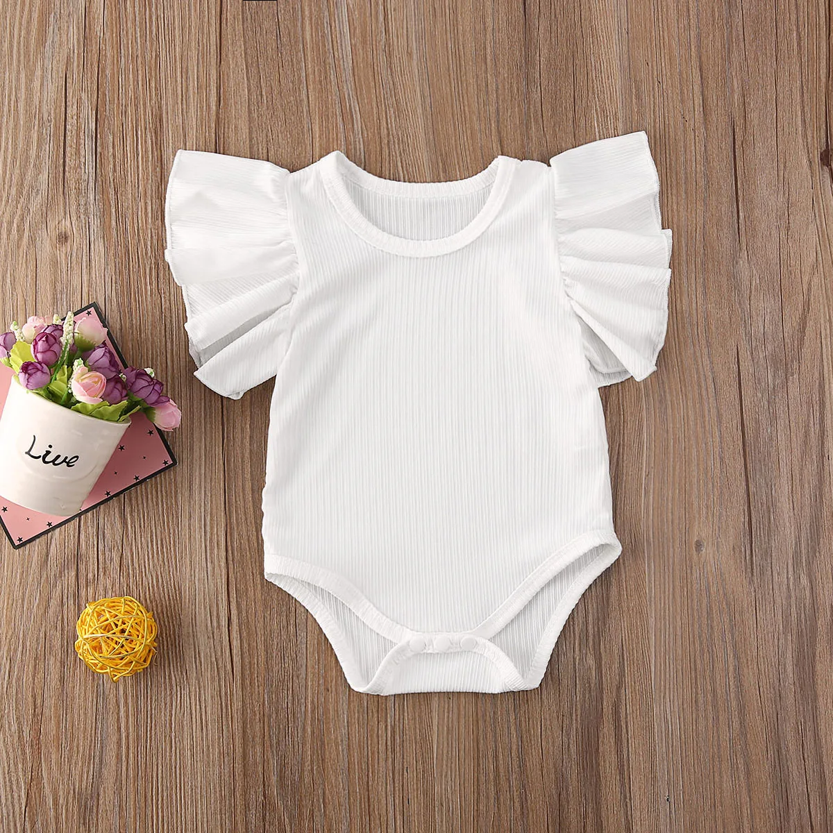 Pudcoco-vêtements pour bébés filles | Couleur unie, manches volantes, combinaison tricotée en coton, une pièce, costume de soleil
