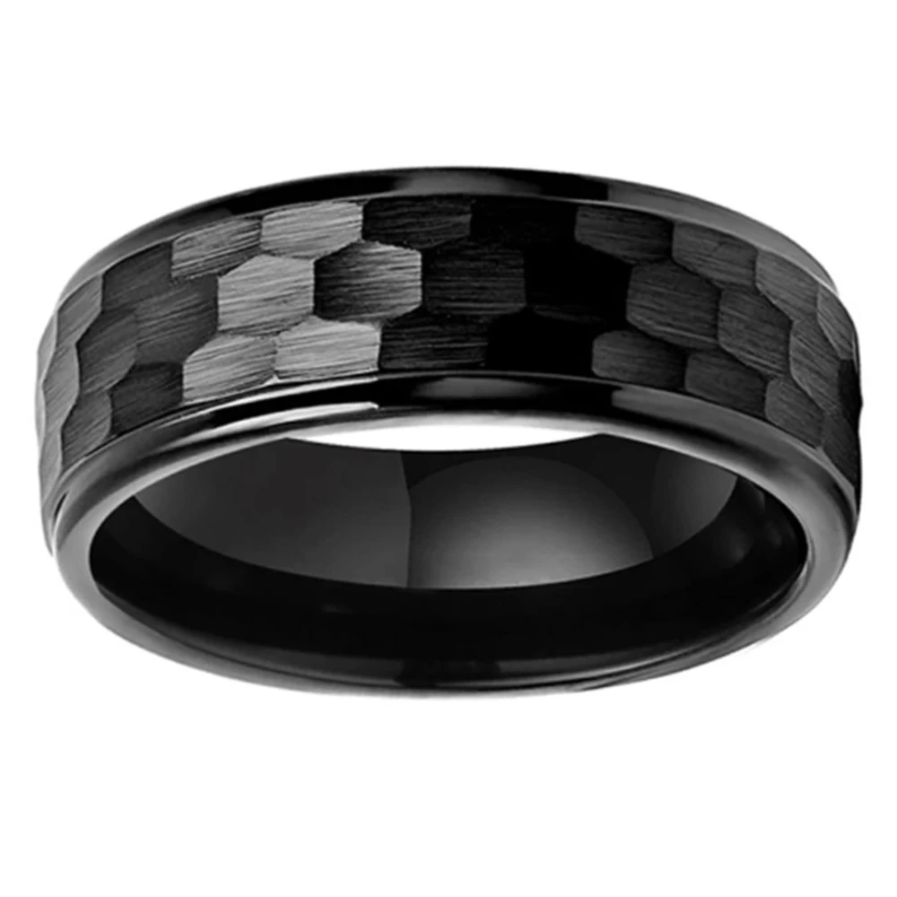 

Hammered Finished 8mm Black Step Tungsten Ring Hammer Comfort Fit Multi-Faceted Men Wedding Band Party Gift Ring