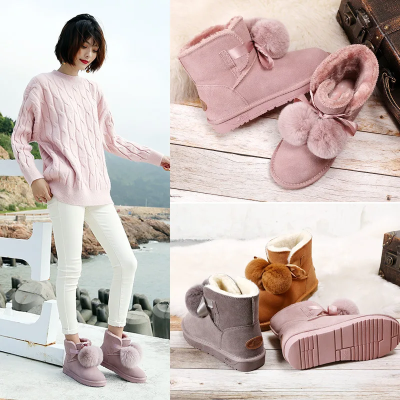 

SP&CITY Cute Pompom Bow Decoration Women Winter Boots Short Snow Boots Keep Warm Thickening Shoe Women's Mid Calf Boots High