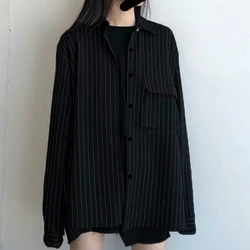 Deeptown – chemisier noir à manches longues pour femmes, chemise Vintage, automne, Style coréen, à la mode, BF, rayures amples, imprimé, à boutons 