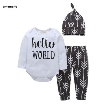 

2020 New Baby Child 3PCS Clothing Suits Long Sleeve Jumpsuit Hello World Hat Long Pants Boy Girl Home Service Suits