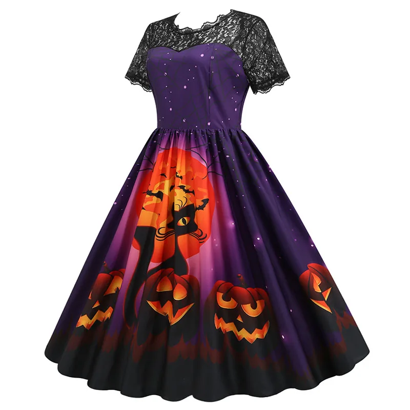 Women Casual Halloween Dress Short Sleeve Lace Evening Party Dresses Vintage Sundress Patchwork Party Dress