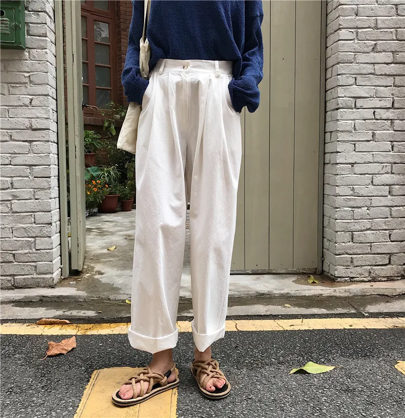 

Autumn 2019 New Women Wear Loose with A Button Pure Black-and-White Leisure Broad-legged Woman Black Pants Women
