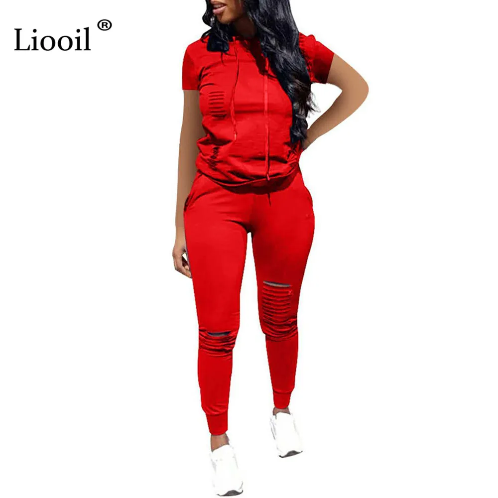 

Liooil Hole Tracksuit Women Two Piece Outfits Set 2019 Short Sleeve Hooded Sweatshirt And Straight Long Pants Joggers Suit Sets