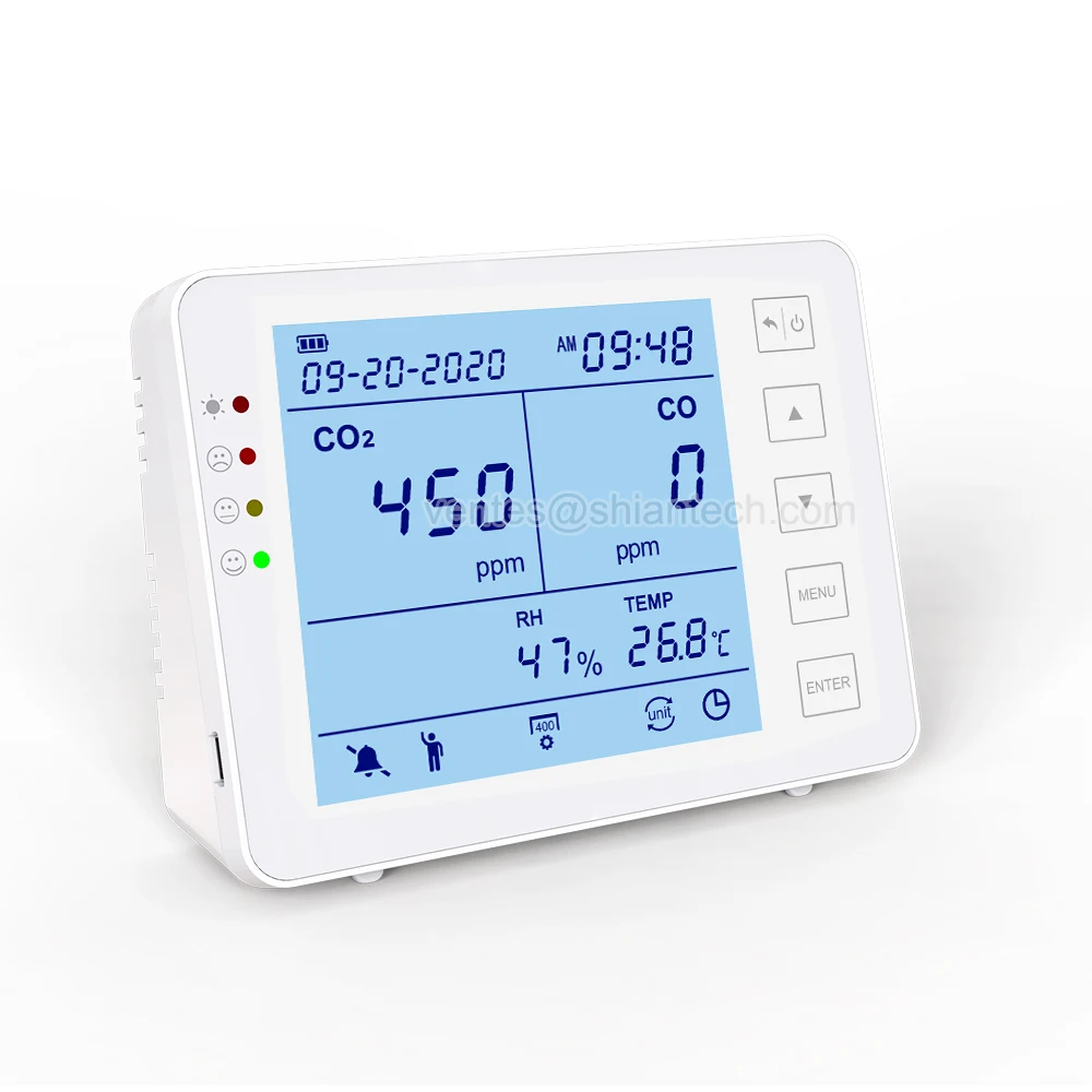 

Home safety gas monitor CO CO2 Temp Humid, Visual Audible Alarm Max/Min CO CO2 Concentration Monitor