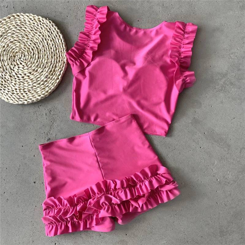 Peachtan гофрированный Купальник для женщин купальный комплект бикини с высокой талией mujer винтажный купальник женский Одноцветный купальный костюм розовый бикини