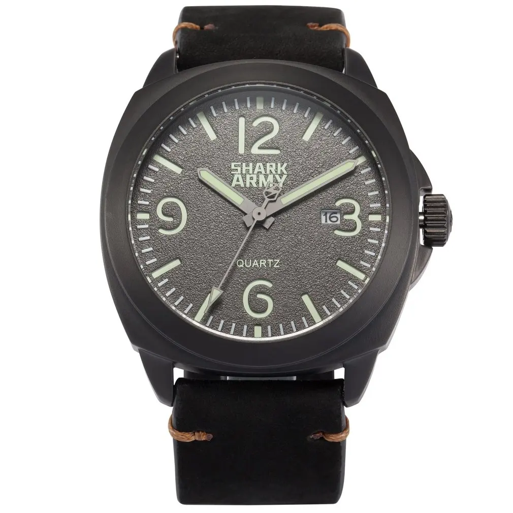 

Army Relogio 100m Water Resistant Luminous Paint Black Stainless Steel Leather Strap Military Quartz Watch / SAW184