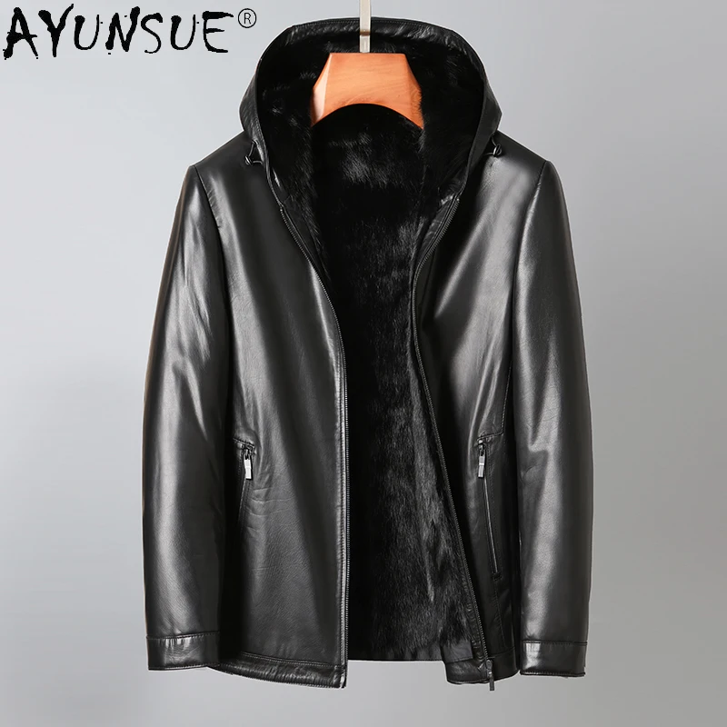 

AYUNSUE Hooded Men's Fur Coats 100% Genuine Cowhide Leather Jackets 2021 Winter Warm Thick Mink Fur Liner Jacket Jaquetas Gmm403