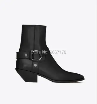 

Botas Hombre Men Design West Harness Strap Ankle Boots Zip Chunky Heels Pointed Toe Boots Autumn Winter